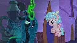 Size: 1920x1080 | Tagged: safe, screencap, cozy glow, queen chrysalis, changeling, changeling queen, pony, g4, the summer sun setback, female, glowing, glowing horn, horn