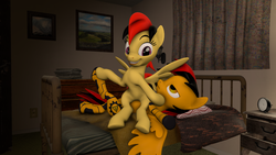 Size: 3840x2160 | Tagged: safe, artist:charlydasher, oc, oc:alpha, oc:golden bullet, pegasus, pony, 3d, alone, bed, bedroom, bedroom ponies, excited, featureless crotch, female, grin, high res, indoors, irritated, male, mare, night, pegasus oc, privacy, sitting on person, sitting on pony, smiling, source filmmaker, spread wings, stallion, unamused, we don't normally wear clothes, wide eyes, wingboner, wings