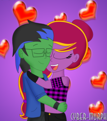 Size: 1512x1712 | Tagged: safe, artist:cyber-murph, oc, oc:diamond-chi, oc:thunderspeak, equestria girls, g4, commission, female, glasses, hug, male, midriff, shipping, signature, straight, thunderchi