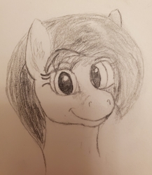 Size: 3024x3488 | Tagged: safe, artist:kalashnikitty, oc, oc only, oc:flugel, pony, black and white, cute, female, grayscale, happy, high res, looking at you, mare, monochrome, pencil drawing, sketch, smiling, smirk, solo, traditional art