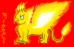 Size: 1400x900 | Tagged: safe, artist:horsesplease, gallus, griffon, g4, >:), constructed language, evil smile, fire, rabydosverse, sarmelonid, smiling, tail of fire, vozonid