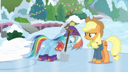 Size: 1920x1080 | Tagged: safe, edit, screencap, applejack, rainbow dash, pony, best gift ever, g4, hearth's warming shorts, triple pony dare ya, animated, chipped tooth, comparison, female, golf, golf clubs, homer simpson, ice, male, pain, shovel, snow, sound, sports, the simpsons, webm, winter clothes