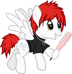 Size: 862x884 | Tagged: safe, artist:lightningbolt, derpibooru exclusive, pegasus, pony, g4, .svg available, awsten knight, baseball bat, clothes, crossover, dyed mane, dyed tail, flying, heterochromia, hoof hold, jewelry, male, necklace, ponified, shirt, show accurate, simple background, smiling, solo, spread wings, stallion, svg, t-shirt, toothbat, transparent background, vector, waterparks, wings