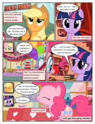 Size: 612x792 | Tagged: safe, artist:newbiespud, edit, edited screencap, screencap, applejack, fluttershy, pinkie pie, twilight sparkle, earth pony, pegasus, pony, unicorn, comic:friendship is dragons, g4, balloon, book, bookshelf, cake, comic, cowboy hat, dialogue, eyes closed, female, food, freckles, golden oaks library, hat, hooves, horn, looking up, mare, onomatopoeia, open mouth, punch (drink), punch bowl, red nose, screencap comic, smiling, sugarcube corner, sweet apple acres, unicorn twilight