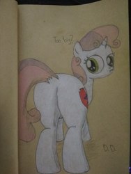 Size: 3120x4160 | Tagged: safe, artist:anonymous, sweetie belle, pony, unicorn, g4, butt, concerned, cutie mark, dock, female, filly, foal, looking at you, looking back, looking back at you, pencil drawing, plot, rear view, solo, sweetie butt, the cmc's cutie marks, thick, traditional art