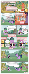 Size: 612x1556 | Tagged: safe, artist:newbiespud, edit, edited screencap, screencap, applejack, fluttershy, spike, twilight sparkle, dragon, pony, unicorn, comic:friendship is dragons, g4, bowtie, building, cane, clothes, comic, dialogue, eyes closed, female, freckles, glowing horn, golden oaks library, hat, horn, male, mare, quill, rock, screencap comic, scroll, smiling, suit, transcript in description, unicorn twilight