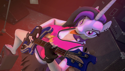 Size: 3840x2160 | Tagged: safe, artist:unnero1, princess celestia, anthro, plantigrade anthro, between dark and dawn, g4, 3d, alternate hairstyle, barefoot, bass guitar, choker, clothes, ear piercing, feet, high res, looking at you, miniskirt, musical instrument, piercing, pleated skirt, punklestia, skirt, source filmmaker, spiked choker, toe ring, tongue out, tongue piercing