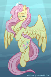 Size: 1000x1500 | Tagged: safe, artist:medix, derpibooru exclusive, fluttershy, pegasus, pony, g4, asphyxiation, bubble, crossed legs, drowning, female, flowing mane, light rays, mare, ocean, solo, spread wings, swimming, underwater, wings