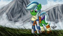 Size: 1920x1080 | Tagged: safe, artist:kranonetwork, oc, oc only, oc:batcher, bat pony, pony, armor, bat pony oc, clothes, fantasy, grass, mist, mountain, scarf, solo, wallpaper, witcher