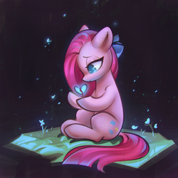 Size: 1602x1602 | Tagged: safe, artist:mirroredsea, pinkie pie, earth pony, pony, g4, black background, bow, broken hearts, colored pupils, cute, cuteamena, female, flower, hair bow, heart, mare, pinkamena diane pie, sad, simple background, sitting, solo