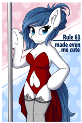 Size: 728x1098 | Tagged: safe, artist:melodis, oc, oc only, semi-anthro, arm hooves, bipedal, clothes, female, navel cutout, rule 63, simple background, solo