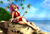 Size: 2500x1700 | Tagged: safe, artist:serodart, oc, oc only, oc:kaira kitch, unicorn, anthro, unguligrade anthro, beach, bikini, clothes, female, glasses, ocean, palm tree, ponytail, rock, sky, solo, swimsuit, tree