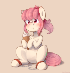 Size: 1932x1992 | Tagged: safe, artist:pony-ellie-stuart, oc, oc only, oc:hopple scotch, earth pony, pony, blushing, cute, female, food, ice cream, mare, pigtails, simple background, sitting, solo, ych result