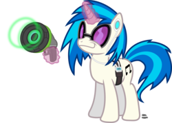 Size: 1841x1321 | Tagged: safe, artist:anime-equestria, dj pon-3, vinyl scratch, pony, unicorn, g4, belt, crossover, earbuds, female, headphones, horn, lucio, magic, mp3 player, overwatch, simple background, smiling, smug, solo, sunglasses, transparent background, weapon
