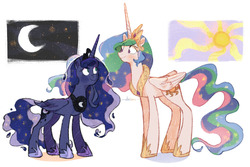 Size: 950x635 | Tagged: safe, artist:dai-san31, artist:daisanfar, princess celestia, princess luna, alicorn, pony, g4, blushing, cute, duo, female, looking at each other, mare, moon, royal sisters, simple background, sun, white background