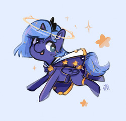 Size: 900x867 | Tagged: safe, artist:mikenlos, princess luna, alicorn, pony, g4, cape, clothes, female, filly, halo, s1 luna, smiling, socks, solo, sparkles, stars, woona, younger