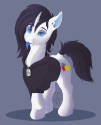 Size: 2650x3300 | Tagged: safe, artist:batsdisaster, oc, oc only, oc:leesys, bat pony, pony, unicorn, bat ponified, blue eyes, blue tongue, clothes, fangs, female, high res, hoodie, mare, race swap, tongue out