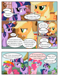 Size: 612x792 | Tagged: safe, artist:newbiespud, edit, edited screencap, screencap, applejack, pinkie pie, spike, twilight sparkle, dragon, earth pony, frog, pony, unicorn, comic:friendship is dragons, g4, comic, cupcake, dialogue, female, food, freckles, hat, looking up, male, mare, screencap comic, slit pupils, umbrella hat, unicorn twilight