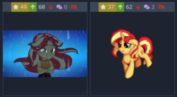 Size: 822x452 | Tagged: safe, sunset shimmer, pony, unicorn, derpibooru, equestria girls, g4, let it rain, my little pony equestria girls: better together, beautiful, crossed arms, dark background, female, floppy ears, geode of empathy, juxtaposition, looking at you, magical geodes, mare, meta, night, rain, simple background, smiling, solo
