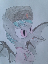 Size: 3264x2448 | Tagged: safe, artist:rainbowšpekgs, oc, oc only, oc:malachite cluster, bat pony, pony, angry, bat pony oc, bat wings, cigarette, clothes, coat of arms, communism, czechoslovakia, drawing, ear fluff, hat, high res, shirt, simple background, smoking, solo, soviet, traditional art, upset, ushanka, white background, wings