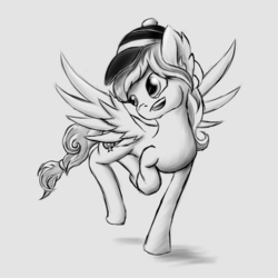 Size: 2000x2000 | Tagged: safe, artist:tunrae, oc, oc only, oc:denna jet, pegasus, pony, digital art, female, hat, high res, request, sketch, solo, spread wings, standing, standing on one leg, wings