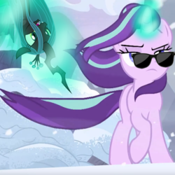 Size: 1000x1000 | Tagged: safe, edit, edited screencap, screencap, queen chrysalis, starlight glimmer, changeling, pony, unicorn, g4, the ending of the end, alternate ending, badass, cropped, female, glowing horn, good end, horn, magic, mare, sunglasses, telekinesis, windswept mane
