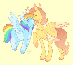 Size: 1387x1237 | Tagged: safe, artist:sandwichbuns, fluttershy, rainbow dash, pegasus, pony, g4, alternate design, blushing, boop, coat markings, colored wings, cute, dappled, dashabetes, eyes closed, female, heart, height difference, kissing, lesbian, mare, noseboop, raised hoof, ship:flutterdash, shipping, shyabetes, simple background, smoldash, spread wings, tallershy, two toned wings, wings, yellow background