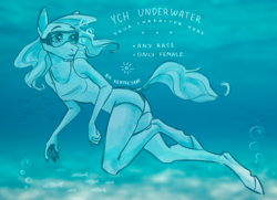 Size: 2755x2000 | Tagged: safe, artist:kentvejaar, alicorn, bat pony, earth pony, pegasus, unicorn, anthro, unguligrade anthro, artwork, blue, blue background, clothes, commission, digital, diving, high res, ocean, one-piece swimsuit, open, simple background, swimming, swimsuit, underwater, your character here