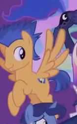 Size: 266x425 | Tagged: safe, screencap, flash sentry, night light, princess luna, pegasus, pony, g4, the last problem, leak, cropped, cutie mark, male, offscreen character, smiling, solo focus, stallion, wings