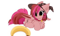 Size: 1666x1008 | Tagged: dead source, safe, artist:php146, oc, oc only, oc:velvet silverwing, bat pony, pony, banana, bat pony oc, chest fluff, eye clipping through hair, female, food, hat, mare, ponyloaf, prone, simple background, solo, white background, witch hat
