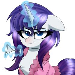 Size: 1024x1024 | Tagged: safe, artist:vale-bandicoot96, rarity, pony, unicorn, g4, bathrobe, chest fluff, clothes, cute, female, floppy ears, glass, looking at you, magic, mare, robe, simple background, solo, telekinesis, wet mane, white background