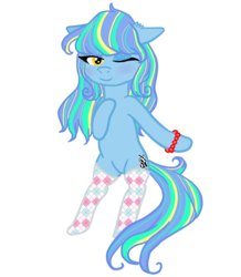 Size: 2086x2396 | Tagged: safe, artist:ponyrasmeii, oc, oc only, oc:double flip, earth pony, pony, bedroom eyes, bipedal, bracelet, clothes, eyeshadow, female, high res, jewelry, makeup, mare, multicolored hair, one eye closed, raised hoof, simple background, socks, solo, stockings, thigh highs, transparent background, wink
