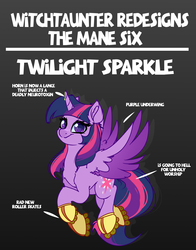Size: 4000x5100 | Tagged: safe, artist:witchtaunter, part of a set, twilight sparkle, alicorn, pony, g4, chest fluff, ear fluff, female, joke, leg fluff, redesign, roller skates, solo, twilight sparkle (alicorn), two toned wings, wing fluff, wings
