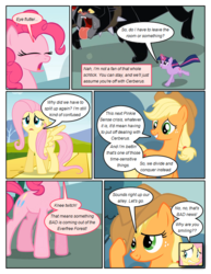 Size: 612x792 | Tagged: safe, artist:newbiespud, edit, edited screencap, screencap, applejack, cerberus (character), fluttershy, pinkie pie, twilight sparkle, cerberus, pony, unicorn, comic:friendship is dragons, g4, comic, dialogue, eyes closed, female, freckles, glowing horn, hat, horn, mare, multiple heads, running, screencap comic, three heads, unicorn twilight