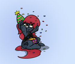 Size: 1045x903 | Tagged: safe, artist:n-o-n, oc, oc:jessi-ka, birthday, birthday gift, chibi, confetti, give her the dick, happy, hat, party hat