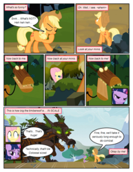 Size: 612x792 | Tagged: safe, artist:newbiespud, edit, edited screencap, screencap, applejack, fluttershy, spike, twilight sparkle, dragon, earth pony, pegasus, pony, timber wolf, unicorn, comic:friendship is dragons, g4, comic, dialogue, female, freckles, glowing eyes, hat, looking up, male, mare, marionette, screencap comic, shocked, unicorn twilight