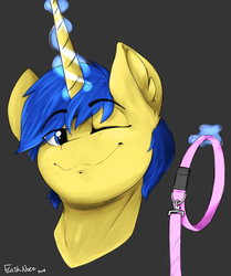 Size: 2073x2484 | Tagged: safe, artist:flashnoteart, oc, oc only, oc:arctic lance, pony, unicorn, bust, collar, high res, leash, magic, one eye closed, portrait, simple background, smiling, smirk, solo, wink