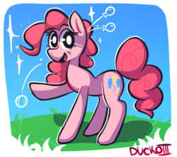 Size: 654x578 | Tagged: dead source, safe, artist:duckoiii, pinkie pie, earth pony, pony, g4, balloon, cute, diapinkes, female, looking at you, mare, open mouth, smiling, solo, white pupils