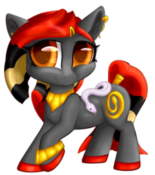 Size: 842x949 | Tagged: safe, artist:gleamydreams, oc, oc only, oc:serpentine, earth pony, pony, snake, bracelet, cute, female, jewelry, looking at you, mare, necklace, one leg raised, piercing, red hair, smiling, snek, solo