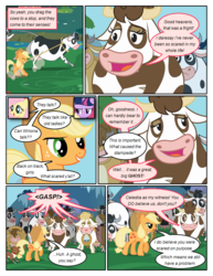Size: 612x792 | Tagged: safe, artist:newbiespud, edit, edited screencap, screencap, applejack, bessie, daisy jo, fluttershy, mooriella, twilight sparkle, cow, earth pony, pegasus, pony, unicorn, comic:friendship is dragons, g4, annoyed, bell, comic, cowbell, dialogue, female, freckles, hat, lasso, mare, mouth hold, rope, running, screencap comic, stampede, udder, unicorn twilight