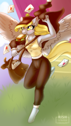 Size: 1080x1920 | Tagged: safe, artist:striped-chocolate, derpy hooves, pegasus, anthro, unguligrade anthro, rcf community, g4, armpits, clothes, female, food, mail, mailbag, mailmare, sandwich, solo