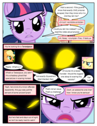 Size: 612x792 | Tagged: safe, artist:newbiespud, edit, edited screencap, screencap, applejack, fluttershy, twilight sparkle, earth pony, pegasus, pony, unicorn, comic:friendship is dragons, g4, angry, building, comic, dialogue, female, freckles, glowing eyes, hat, implied pinkie pie, mare, screencap comic, unicorn twilight