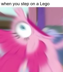 Size: 576x665 | Tagged: safe, edit, edited screencap, screencap, pinkie pie, earth pony, pony, a trivial pursuit, g4, cropped, faic, female, meme, motion blur, ponk, screaming, shitposting, solo, stepping on a lego, this ended in pain, wide eyes