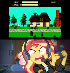 Size: 1920x1995 | Tagged: safe, edit, edited screencap, screencap, sunset shimmer, human, equestria girls, g4, angry video game nerd, controller, dr jekyll and mr hyde, headset, nintendo entertainment system, rageset shimmer, sunset shimmer frustrated at game, this will end in rage, video game, what were you thinking, why, you know for kids