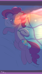 Size: 2160x3840 | Tagged: safe, artist:wilshirewolf, boulder (g4), pinkie pie, earth pony, pony, g4, bed, female, grin, high res, lying on bed, mare, pillow, sleepy, smiling, solo, sunlight, window