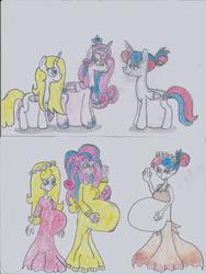 Size: 1786x2371 | Tagged: safe, artist:nephilim rider, princess flurry heart, oc, oc:bundle joy, oc:gleaming grace, alicorn, equestria girls, g4, alicorn oc, alicornified, belly, clothes, dress, female, mama flurry, mother and daughter, multiple pregnancy, offspring, offspring's offspring, parent:oc:shimmering glow, parent:princess flurry heart, parents:canon x oc, pregnant, pregnant equestria girls, race swap, traditional art, waving, wreath