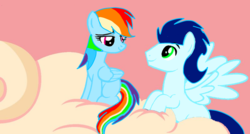 Size: 1280x685 | Tagged: safe, artist:mlplary6, rainbow dash, soarin', pegasus, pony, g4, cloud, female, looking at each other, looking at someone, male, mare, ship:soarindash, shipping, sitting, stallion, straight