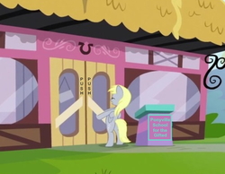 Size: 594x462 | Tagged: safe, edit, edited screencap, screencap, derpy hooves, pony, a trivial pursuit, g4, door, the far side