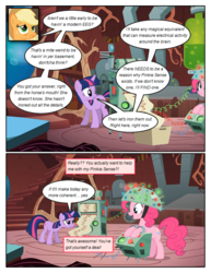 Size: 612x792 | Tagged: safe, artist:newbiespud, edit, edited screencap, screencap, applejack, pinkie pie, twilight sparkle, earth pony, pony, unicorn, comic:friendship is dragons, g4, bags under eyes, comic, dialogue, female, freckles, hat, helmet, mare, screencap comic, tired, twilight's lab, unicorn twilight