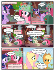 Size: 612x792 | Tagged: safe, artist:newbiespud, edit, edited screencap, screencap, applejack, fluttershy, pinkie pie, twilight sparkle, earth pony, pegasus, pony, unicorn, comic:friendship is dragons, g4, comic, dialogue, female, hat, helmet, mare, screencap comic, twilight's lab, unicorn twilight